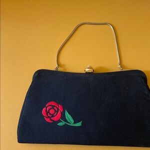 Elegant Black Handbag with Red Rose Embroidery